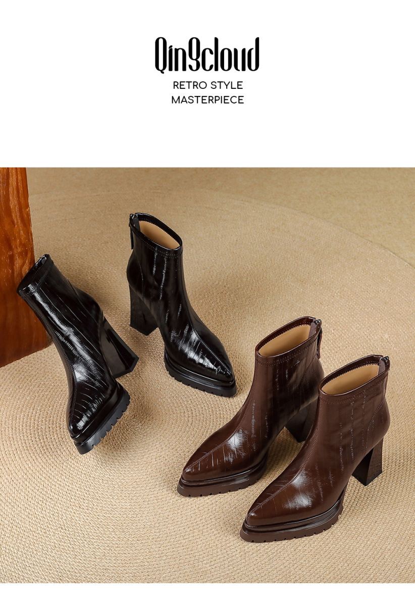 Boot nữ cao gót 10cm mũi nhọn da thật, cổ thấp gót vuông khóa kéo sau — Bảng màu nâu, Màu đen bên trong, Màu nâu., Trong danh sách đen
