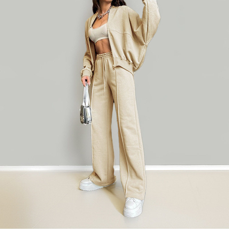 Womens Spring Sports Zip Up Hoodie Set Fashionable Solid Color Comfortable Fit Casual Style Wholesale Available