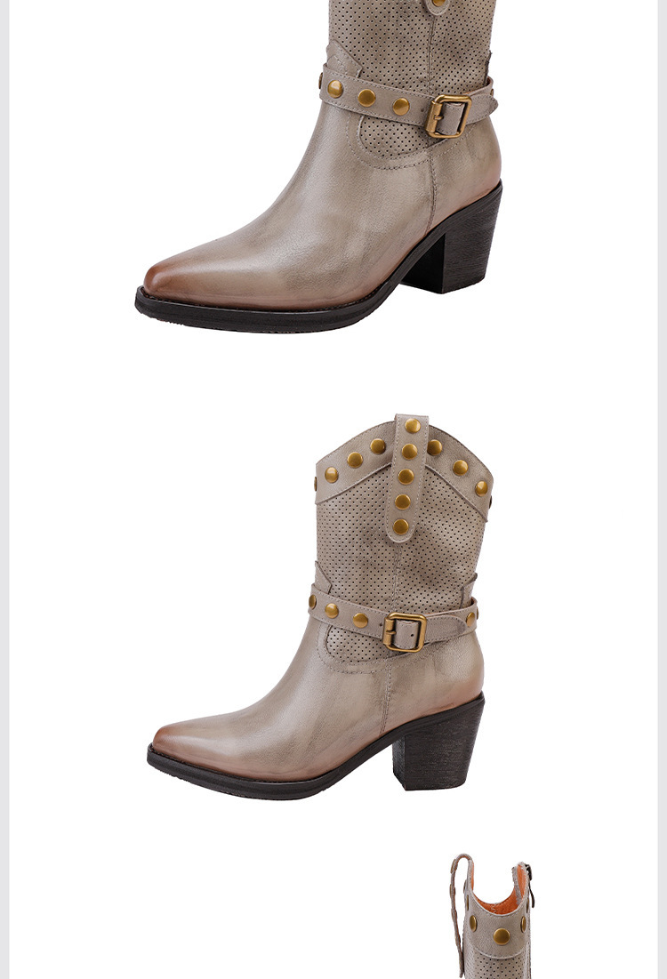 Boot nữ da bò thật cổ trung, mũi nhọn gót vừa phong cách cao bồi — màu đen, màu xám
