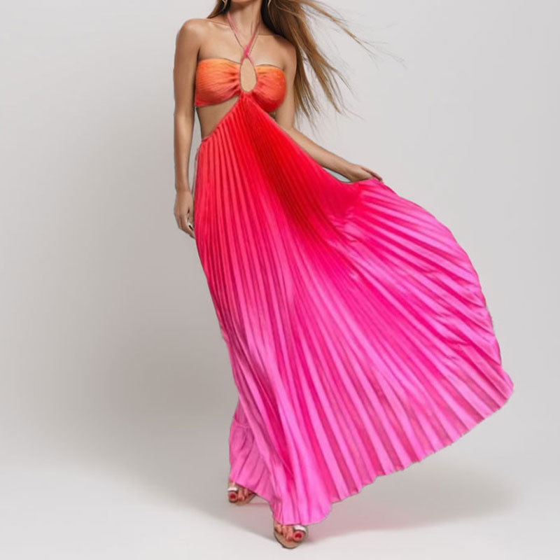 Gradient Color Pleated Halter Dress Spring Collection Fashionable Vacation Style Wholesale Available