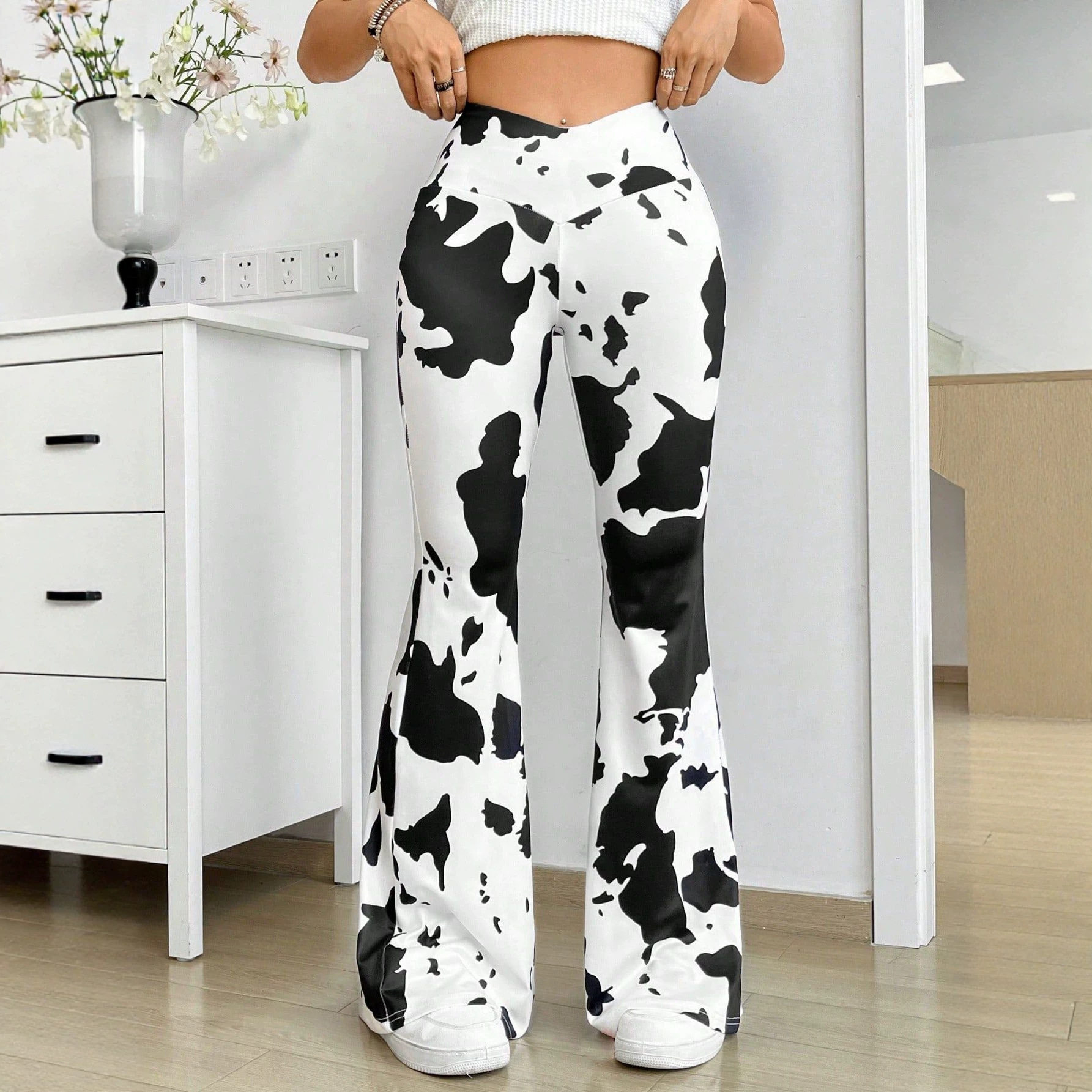 Cow Print High Waisted Flare Pants Stretchy Fabric Versatile Style Trendy Design Ready to Ship