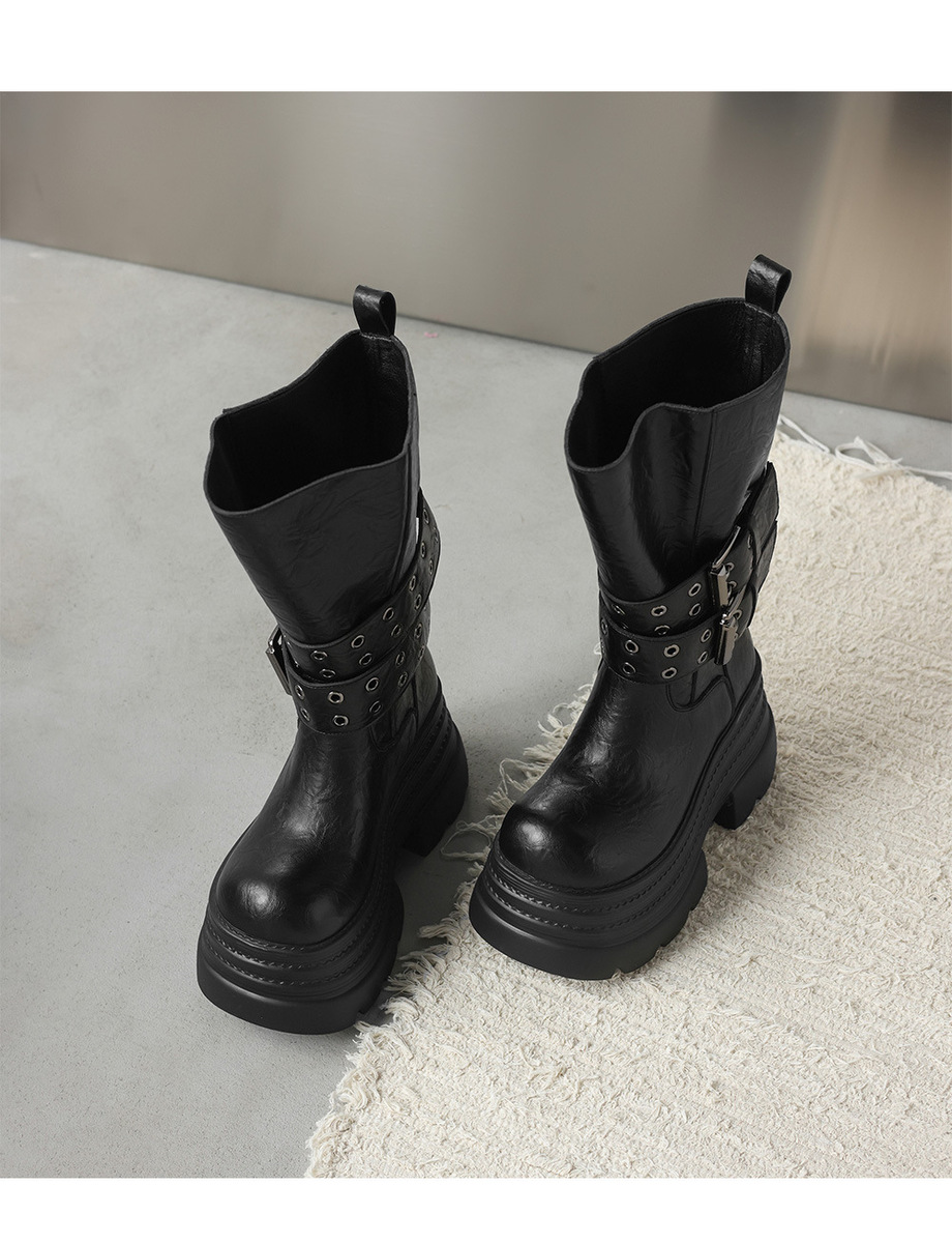 Boot nữ cổ trung đế xuồng cao 10cm khóa thắt lưng da bò — Lớp lót nhung đen, Màu đen một lớp