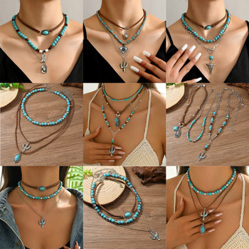 Cross-border Hot Sale New Style Women's Stacked Necklace Western Style Cactus Cattle Head Hat Turquoise Flannel Neck Chain in stock