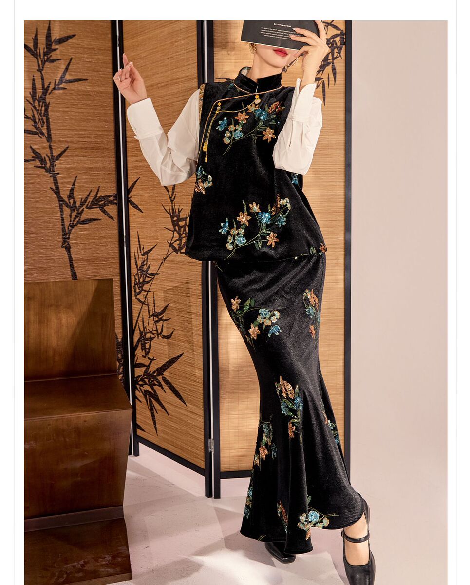 Bộ vest và chân váy dài dáng đuôi cá thêu hoa đính sequin sang trọng — Váy thêu (giao hàng trong 7 ngày), Váy thêu (giao hàng trong ngày), Áo vest thêu (giao hàng trong 7 ngày), Áo vest thêu (giao hàng trong ngày)
