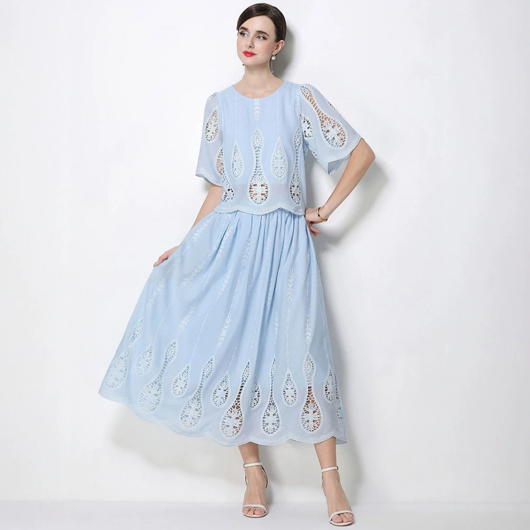 French Inspired Lace Puff Sleeve Top with High Waisted Skirt Set Elegant Slim Fit Chic Style Perfect for Casual or