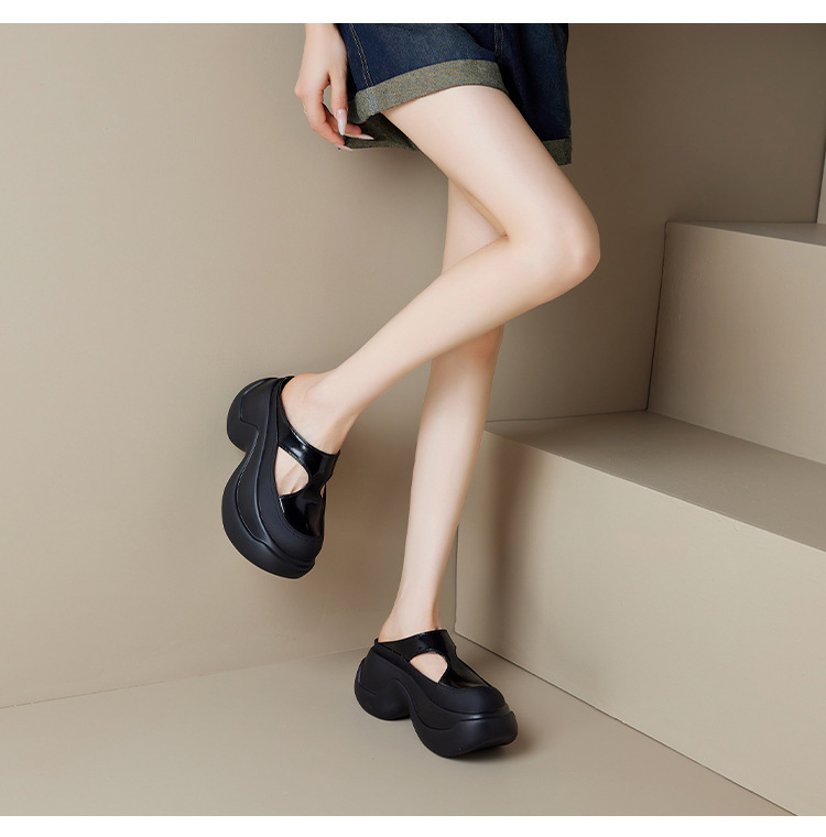 Sandal nữ bít mũi da bò đục lỗ đế xuồng tăng chiều cao — Màu bạc, Màu đen, Màu trắng be
