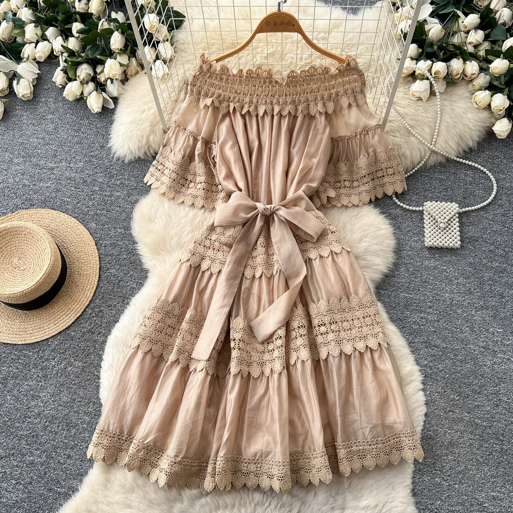 Off Shoulder Lace Trimmed Dress Summer Short Sleeve Red Slim Fit Elegant Style Perfect for Romantic Occasions