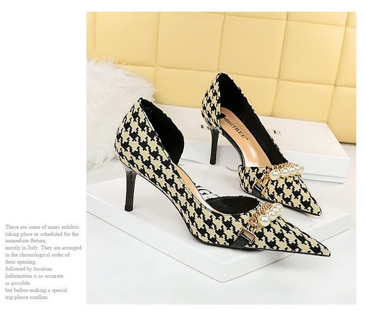 Giày cao gót nữ mũi nhọn họa tiết ca rô phối xích kim loại — 8829-1 đen 11CM, 8829-1 màu mơ 11CM, 8829-A1 đen 7.5CM, 8829-A1 Màu mơ 7.5CM