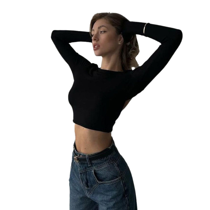 Womens Long Sleeve Crop Top Sexy Backless Design Solid Color Slim Fit Stylish Winter Fashion Wholesale Available