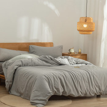 Nude Sleeping A-Grade Pure Cotton Japanese-Style Muji-Style Bedding Set of Three or Four Pieces, All-Cotton, Ultra-Soft, Simple Striped Duvet Cover and Bed Sheet
