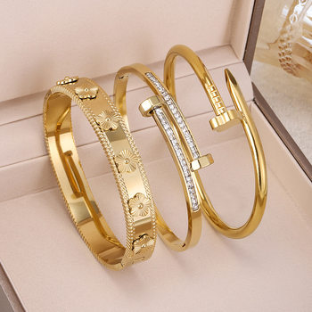 Shein Temu Tiktok Cross-Border Platform Hot Model 3-Piece Set of Stainless Steel 18K Gold-Plated Four-Leaf Clover Bracelet