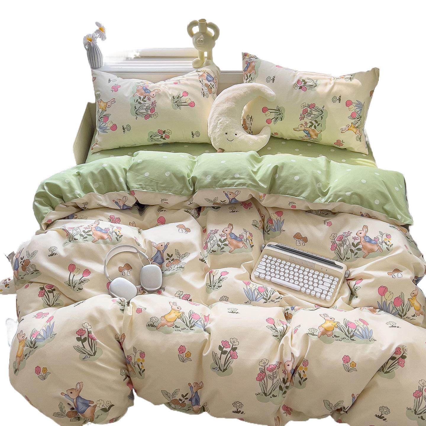 Class a Thickeneded Pure Brushed Soft Four-Piece Bed Quilt Cover Twill Cartoon Student Dormitory Bed Bed Sheets Three-Piece Set