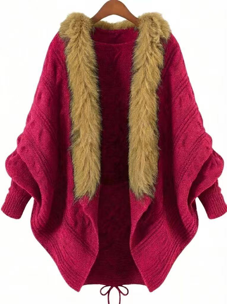 2026春秋冬时尚新款欧美蝙蝠衫宽松大码毛衣针织衫系带开衫毛领女