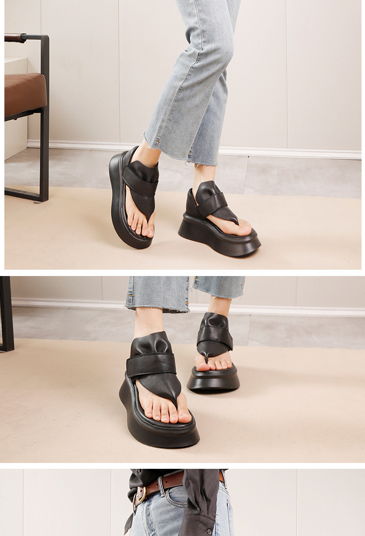 Sandal nữ quai ngang kẹp ngón da bò thật đế dày nhẹ — Màu đen