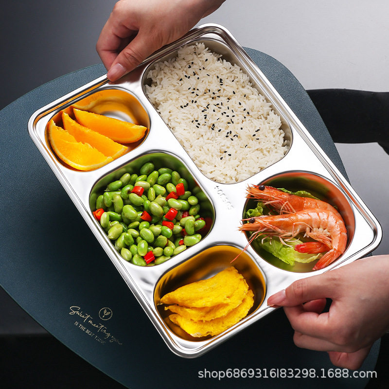 Food-Grade 304 Stainless Steel Divided Plate for Canteens, Student Fast Food Plate, Light Luxury, High Aesthetic Value, Commercial Tableware Tray