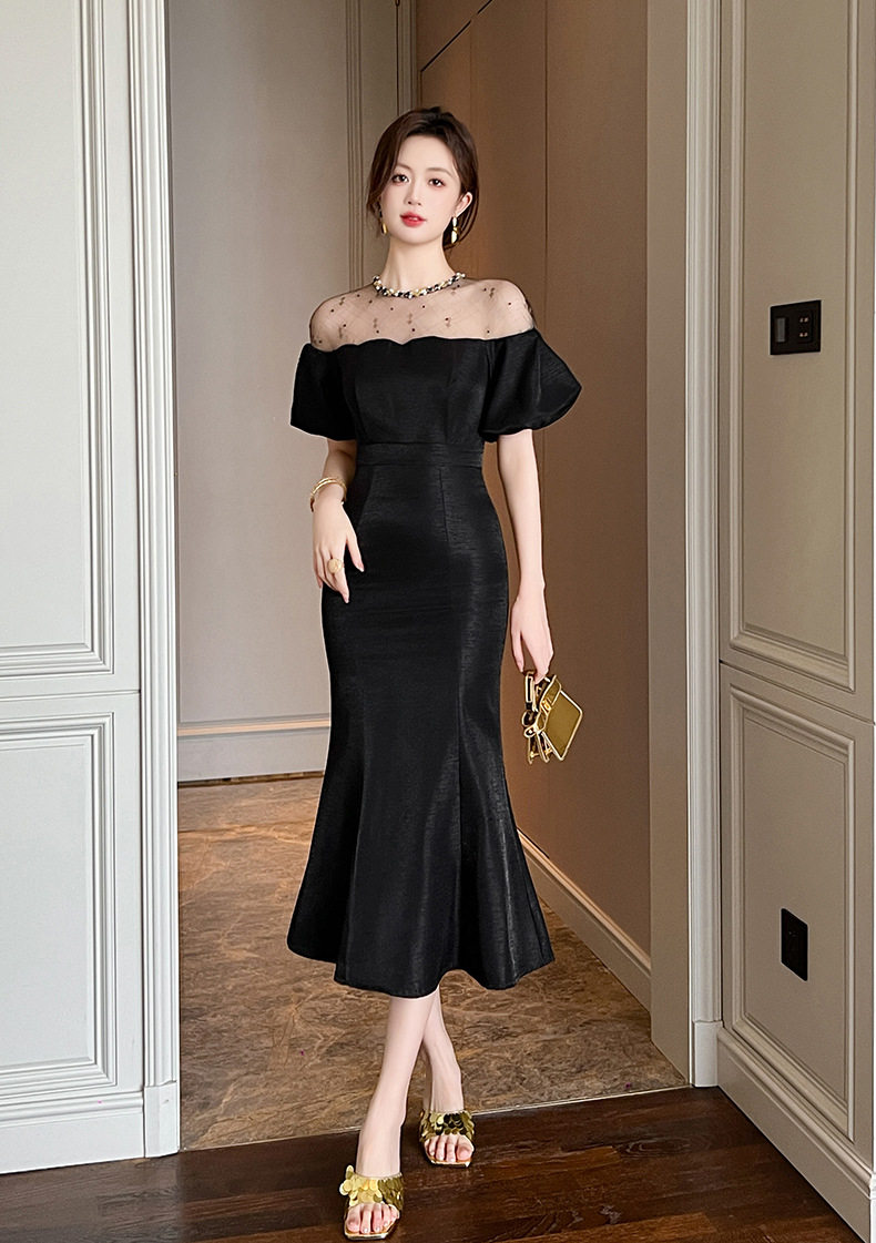 Đầm maxi nữ tay phồng đuôi cá ôm eo — [Xám vàng], [Đen] chi tiết 13
