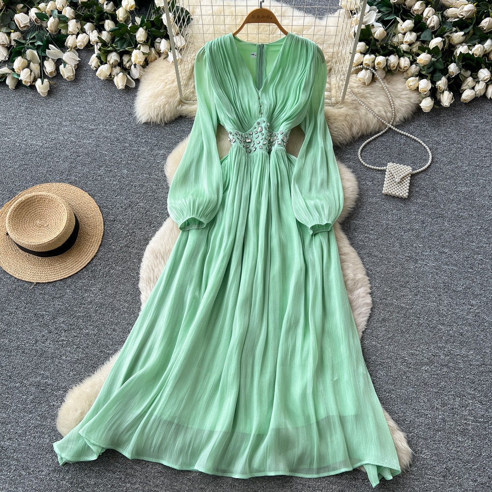 Vintage French Style Red V Neck Lantern Sleeve Beaded Maxi Dress for Women Slim Fit Elegant Flowy Design Perfect for