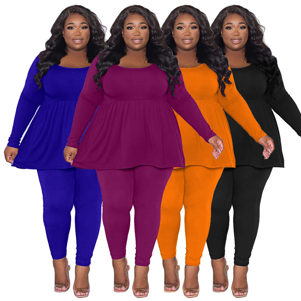 plus size women's suit solid color long-sleeved T-shirt two-piece set for women