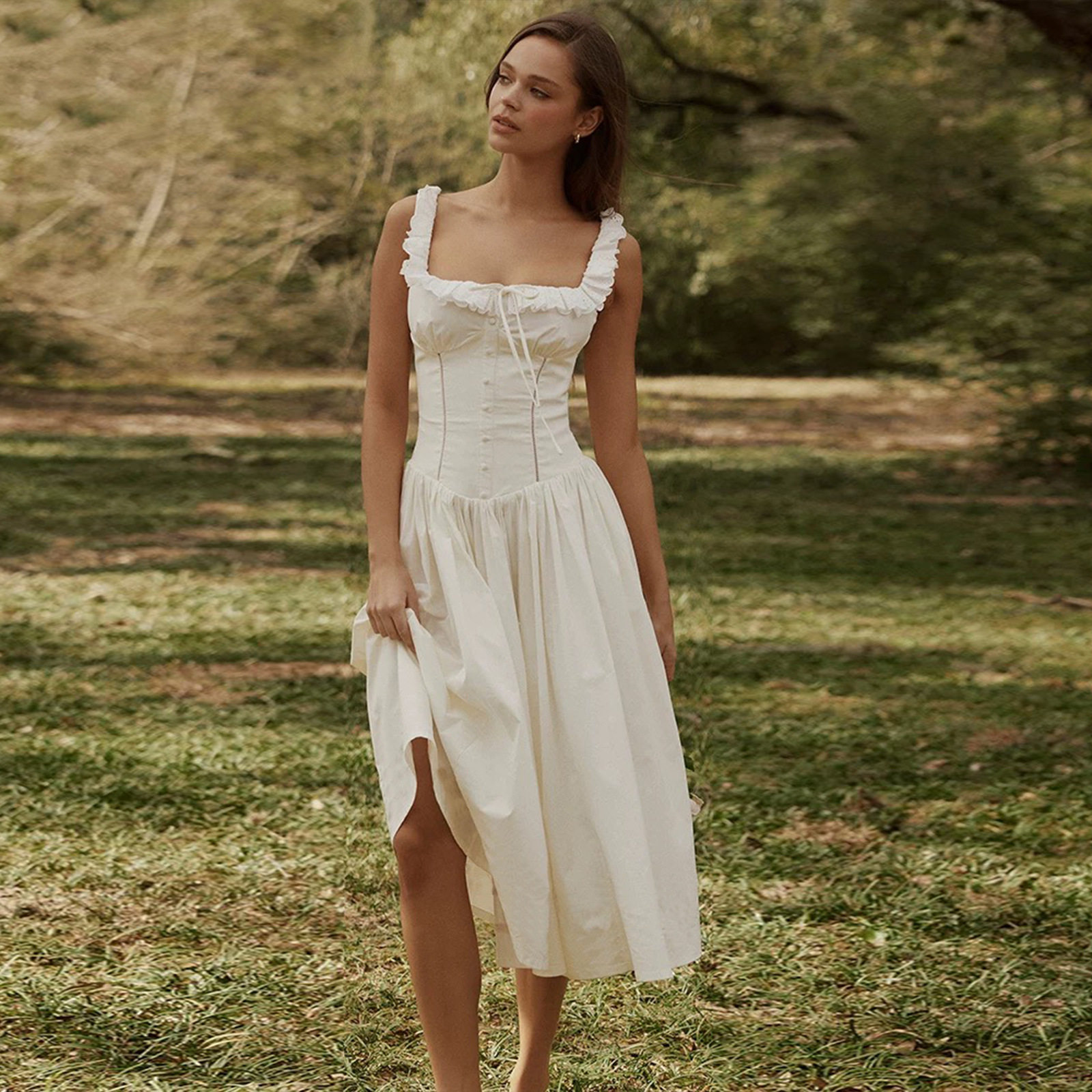 Elegant French Style Summer Dress for Women Square Neck Ruffled Hem Slim Fit Adjustable Straps Perfect for Parties