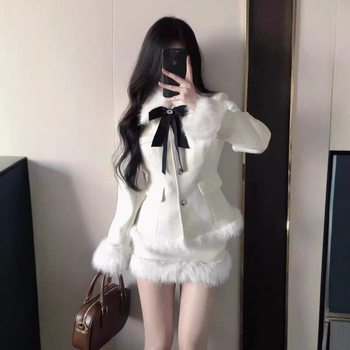 Korean Drama Rich Daughter Wears a Set of Sweet Waist-Slimming Fur Collar Spliced ​​Woolen Outwear and Short Skirt Two-Piece Set