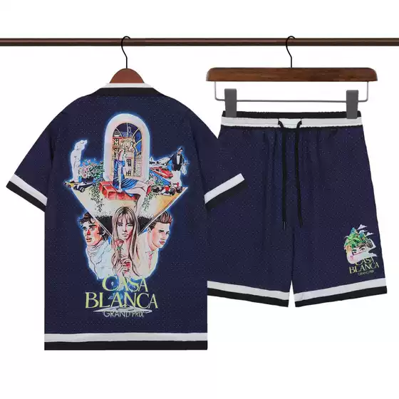 Casablanca Summer Thin Men's Short-Sleeve Shirt Set 2024 Retro High-Street Hip-Hop Beach Shorts Set