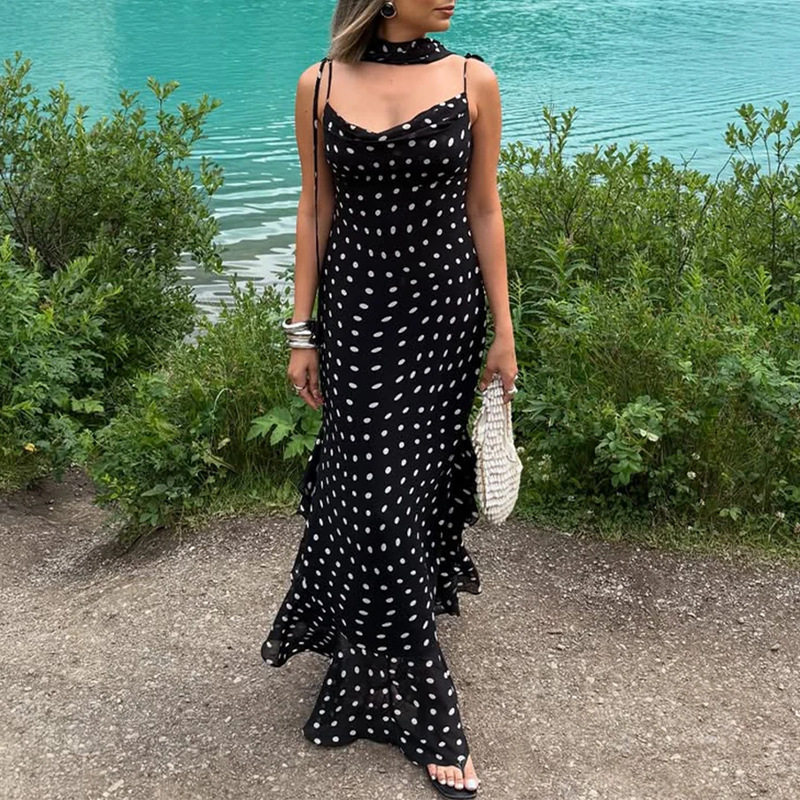 Summer Womens Dress Sleeveless Ruffled Hem Polka Dot Scarf Neck Elegant Casual Wear Wholesale Available