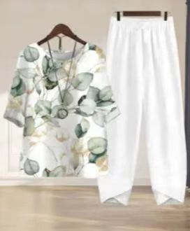 Summer Womens Casual Set Short Sleeve Round Neck Top Solid Color Pants Stylish and Comfortable for Everyday Wear