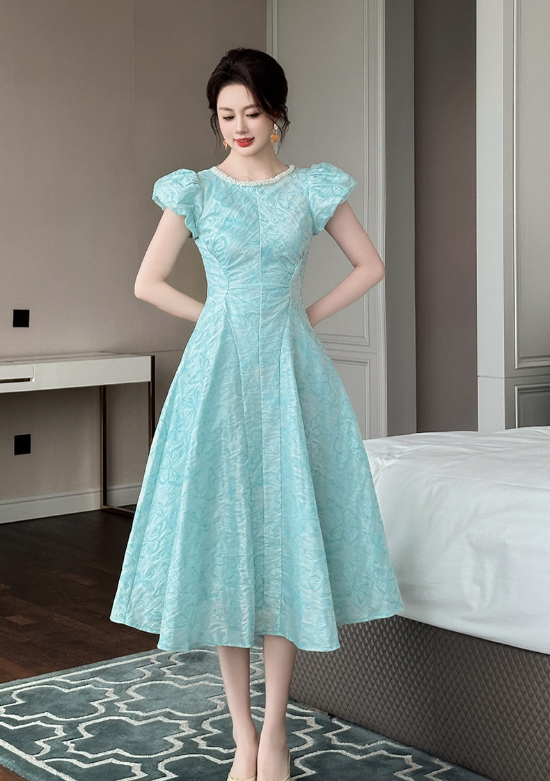 Đầm maxi nữ cổ vuông tay ngắn dáng chữ A — [Xanh nhạt] chi tiết 12