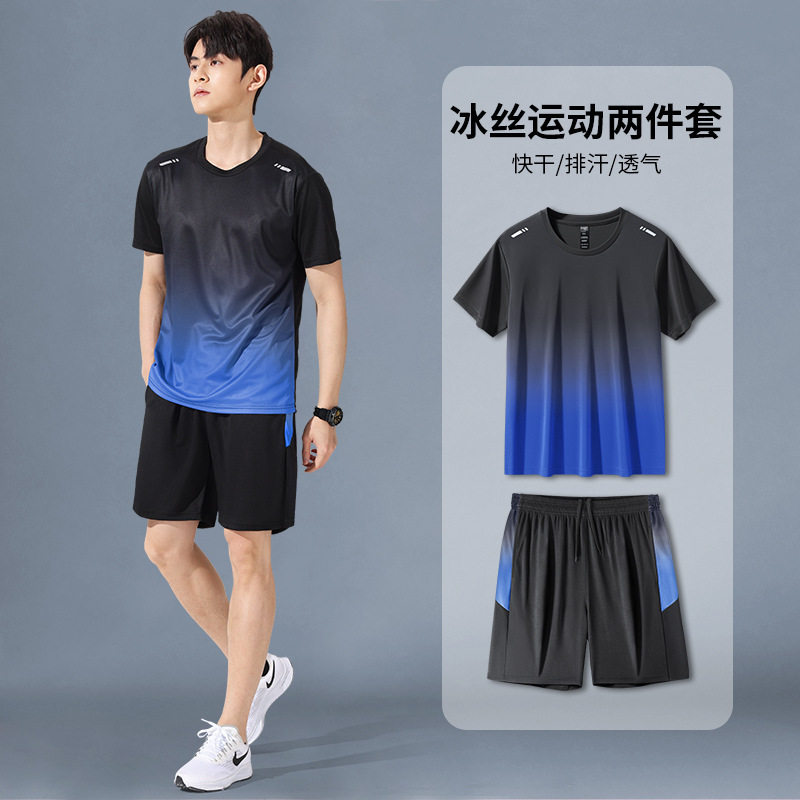 跨境运动服套装男跑步短袖冰丝夏季速干衣篮球服羽毛健身衣服短裤