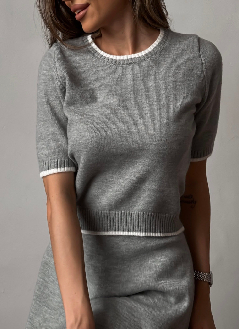 Color Block Knit Top and Mini Skirt Set Womens Spring Fall Fashion Chic Style for Casual Outings Wholesale Available