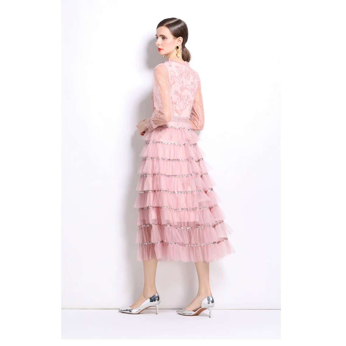 Elegant Long A Line Dress for Women Square Neck Sequin Patchwork High End Luxury Perfect for Formal Events and