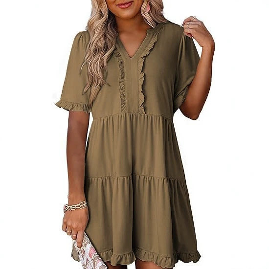 Loose Fit V Neck Short Sleeve Dress Solid Color Ruffle Hem Spring Summer Style Wholesale Available