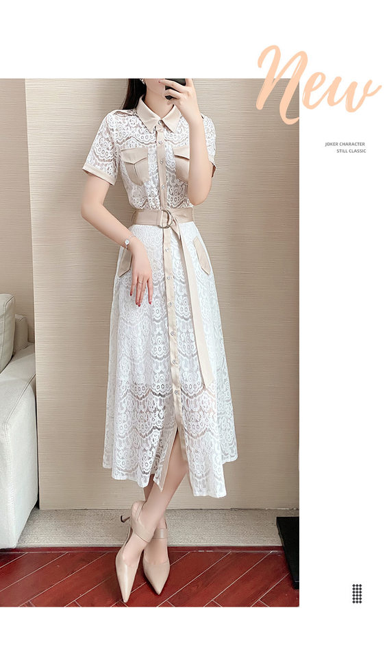 Set Áo Ren Tay Ngắn và Chân Váy Midi Phong Cách Hepburn Thanh Lịch Màu Trắng, Kem chi tiết 10