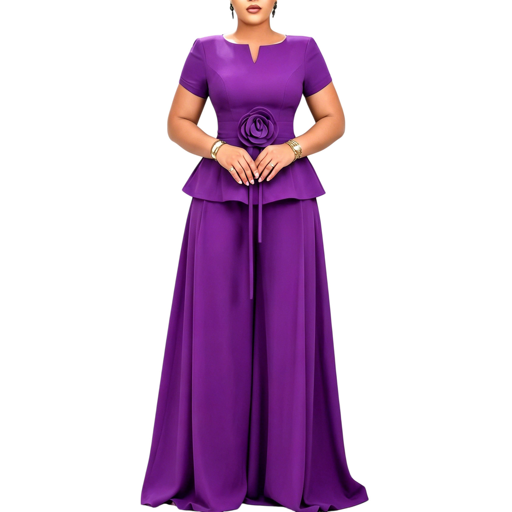 Elegant Plus Size Ruffled Sleeve Top and Wide Leg Pants Set Summer Fashion Casual Wear Wholesale Available