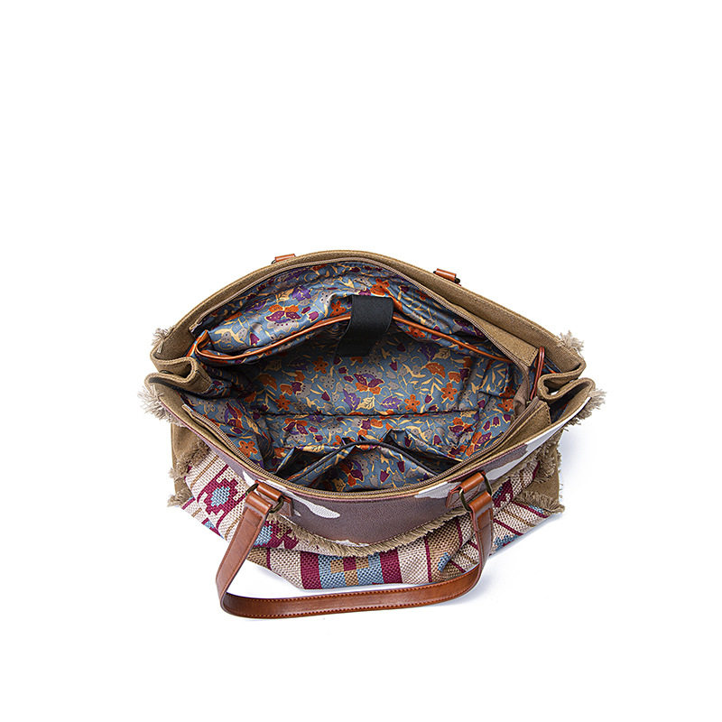 Túi Tote Nữ Vải Canvas Cotton Họa Tiết Bohemian Vintage Đeo Vai, Đeo Chéo, Xách Tay Màu Nâu, Xanh, Đỏ, Be chi tiết 6