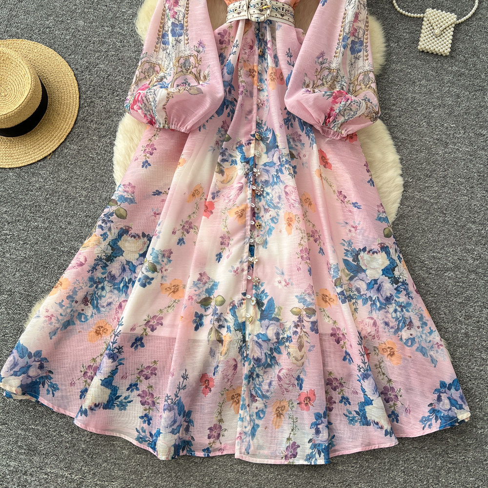 Floral A Line Dress Long Sleeve Waist Tie Slim Fit Elegant Spring Office Wear Wholesale Available