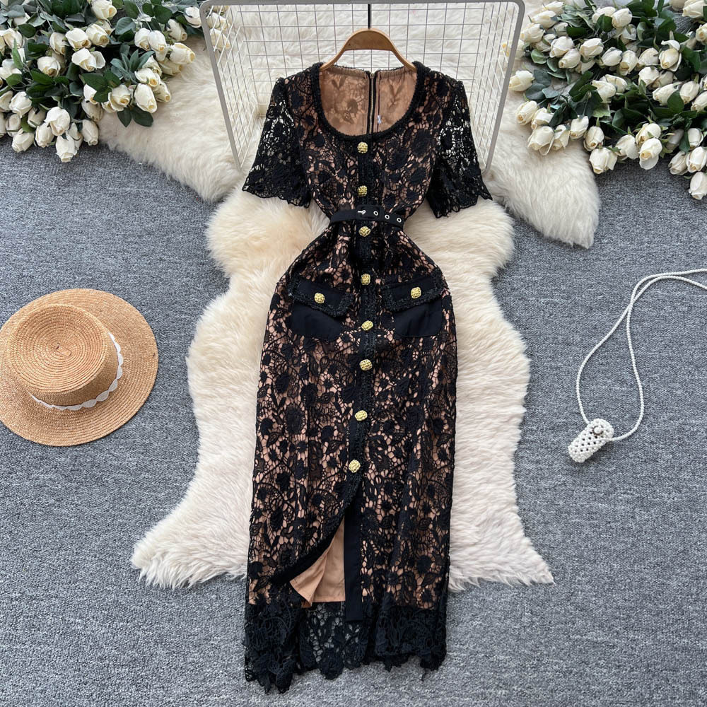 Lace A Line Dress Elegant Hollow Design Square Neck Metal Buckle Slim Fit Summer Cocktail or Evening Wear