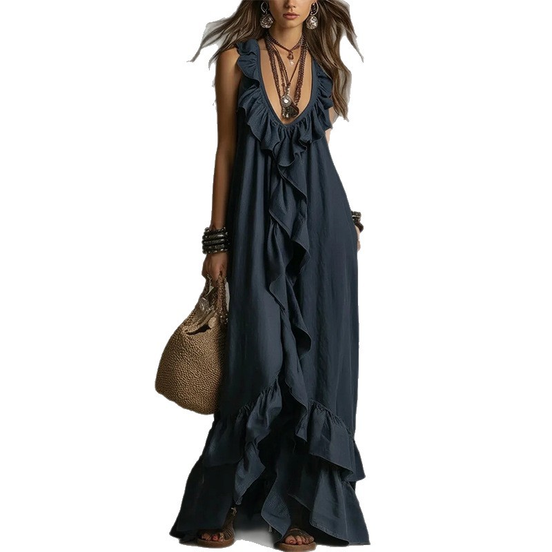 Summer A Line Dress Fashionable Elegant Loose Fit Lace Trim Perfect for Casual Outings or Beach Wear Wholesale