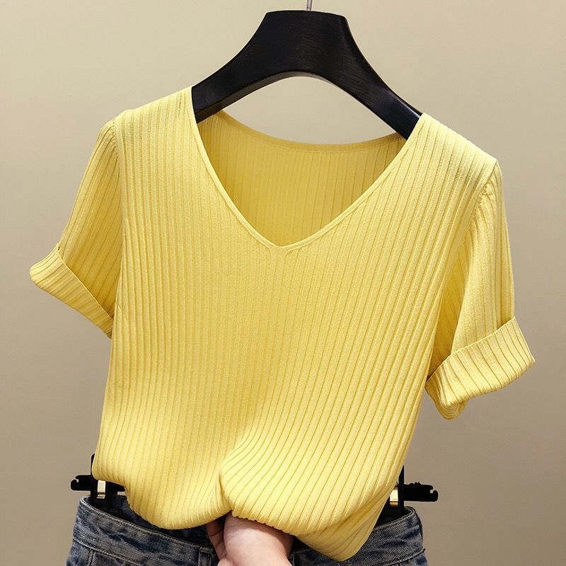 Womens Ice Silk Short Sleeve T Shirt Slim Fit V Neck Knitted Fabric Summer Casual Wear Wholesale Available