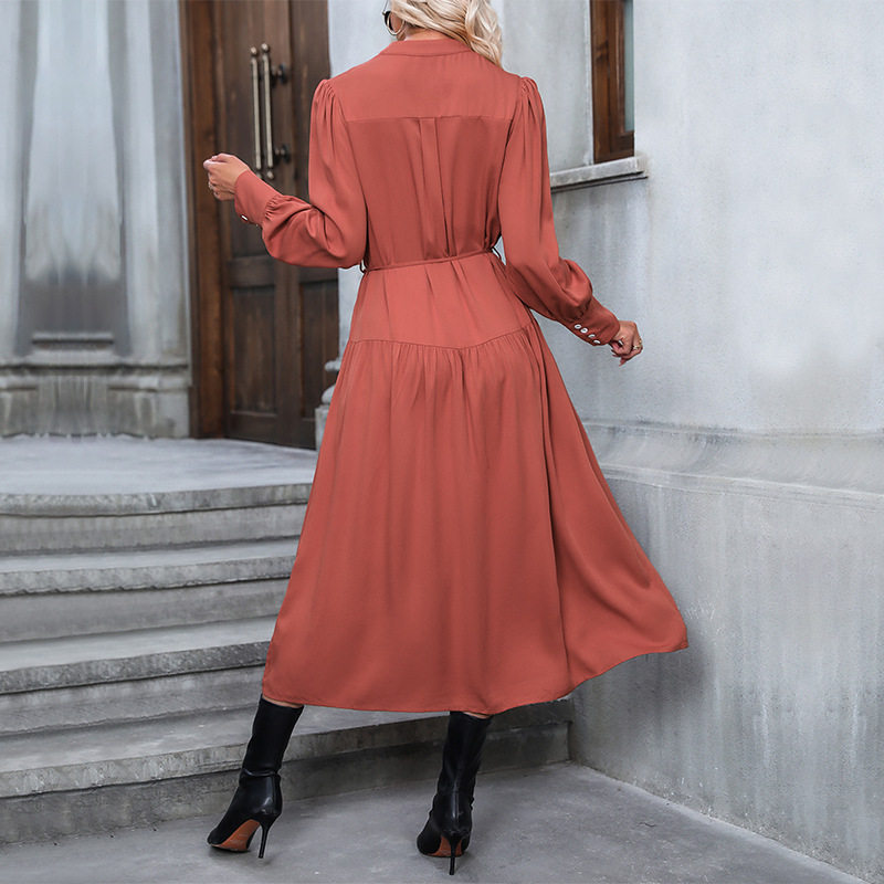 Elegant Vintage Long Sleeve Solid Color Dress Versatile for Spring and Autumn Wholesale Availability