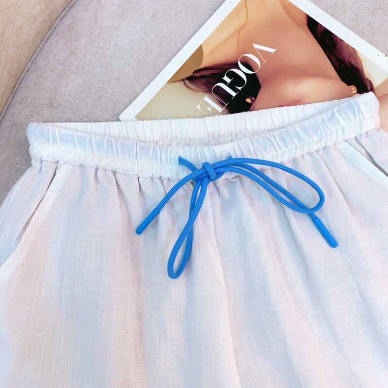 Set đôi áo dài tay phối quần short hoặc quần dài, chất vải lanh thoáng mát — Quần short màu hồng, Quần short trắng ánh trăng, Áo màu hồng, Áo trắng ánh trăng