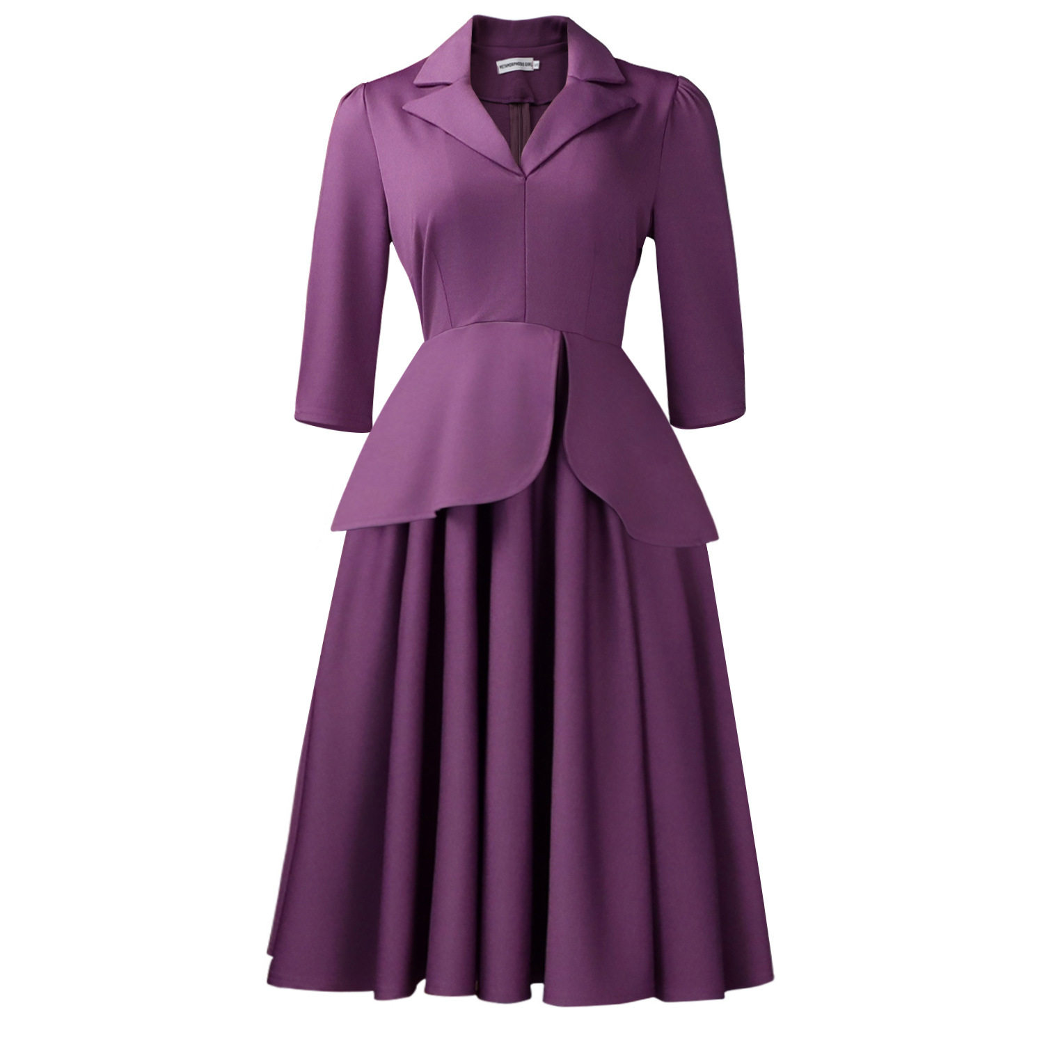 Plus Size Womens Dress Autumn Fashion Solid Color Three Quarter Sleeve Suit Collar Flared Skirt Casual or Formal