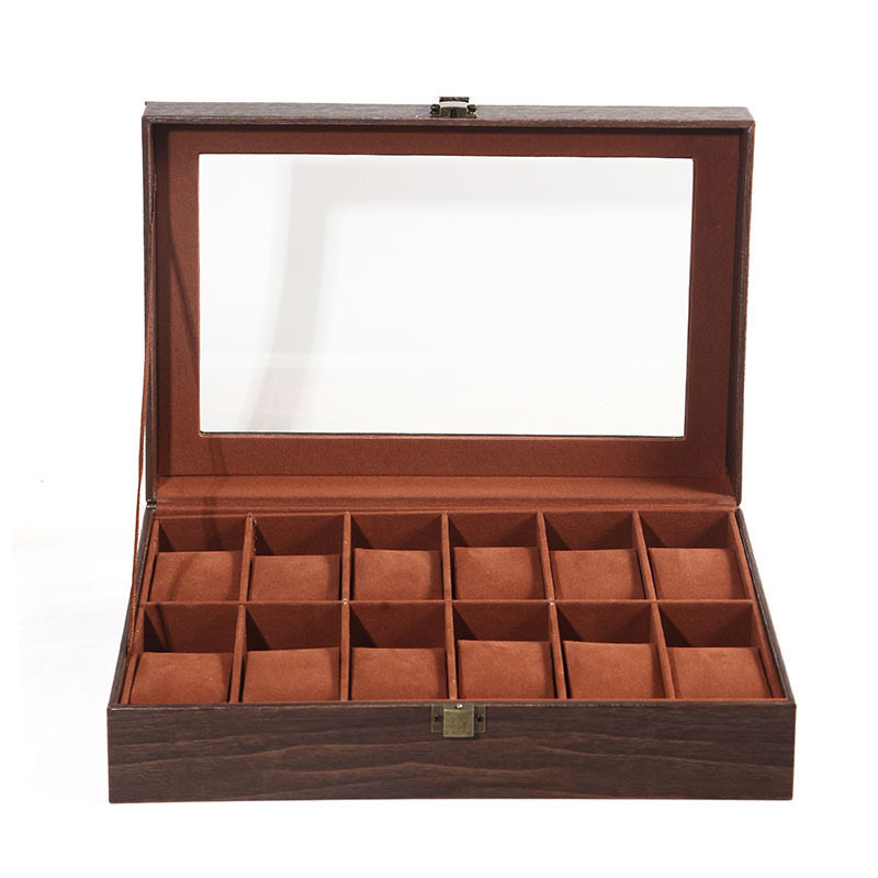 Light Bundle Wood Grain Watch Leather Box 12-Position Window Mechanical Watch Gift Box Leather Jewelry Box Bracelet Bracelet Box