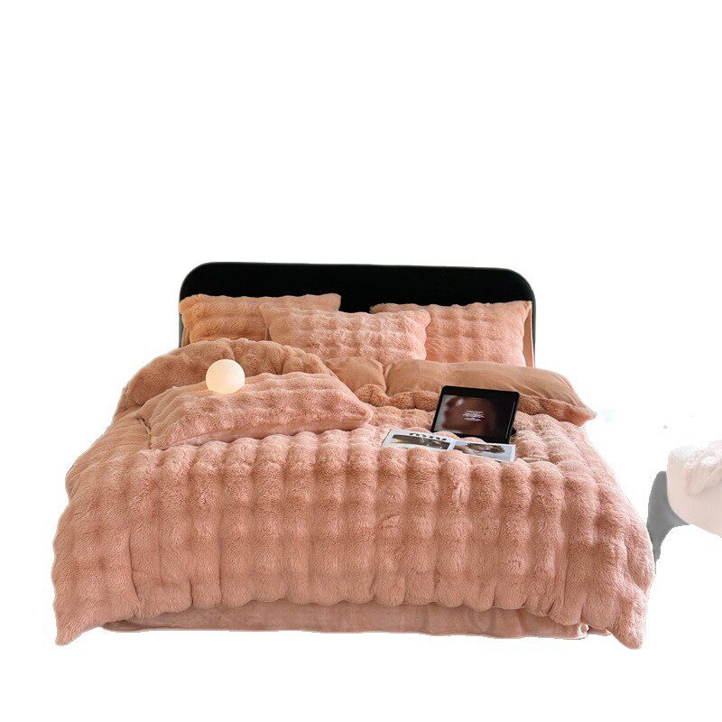High Weight Rabbit Velvet Four-Piece Autumn and Winter Bed Bed Sheets Plus Velvet Quilt Cover Accessible Luxury Coral Velvet Bedding Milk Velvet