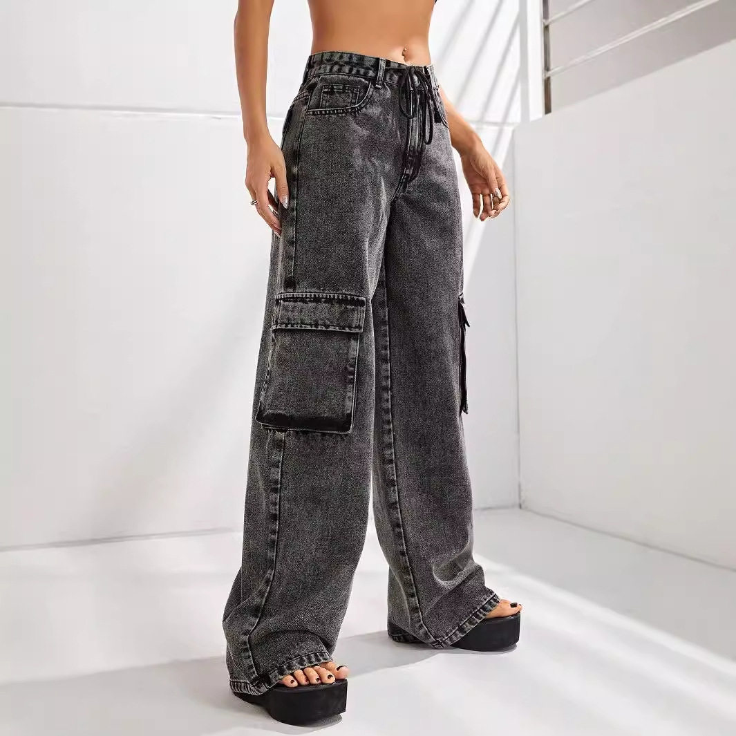 High Waisted Loose Fit Denim Cargo Pants Plus Size Big Pockets Comfortable Fabric Casual Wear for Women Wholesale