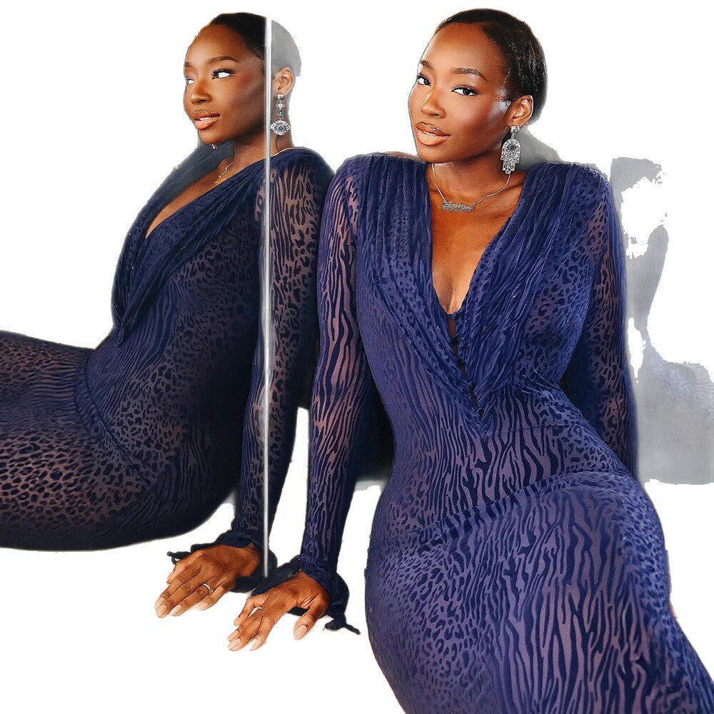 Blue Leopard Print Sheer Mesh Dress Deep V Neck Fashionable Design Sexy Silhouette Perfect for Parties and Night Out