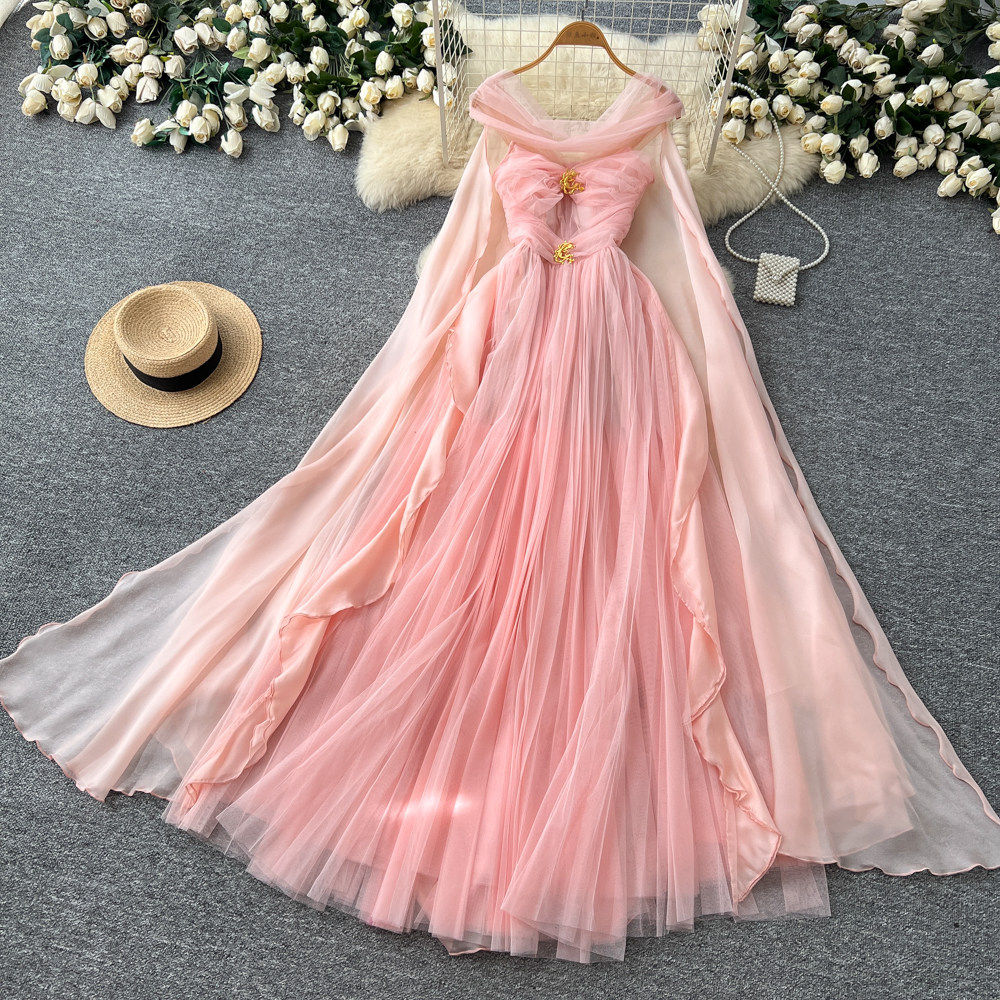 French Style Halter Neck Dress Romantic Mesh Sweet Ribbons Slim Fit Summer Vacation Long Dress Wholesale Available