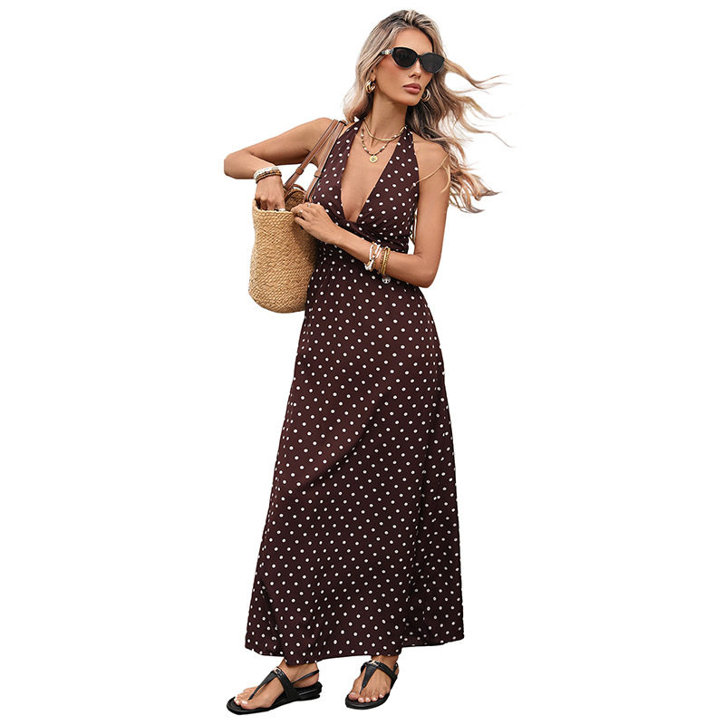 Vintage Polka Dot Maxi Dress Halter Neck V Neck Sleeveless Retro Style Perfect for Summer Vacations Wholesale