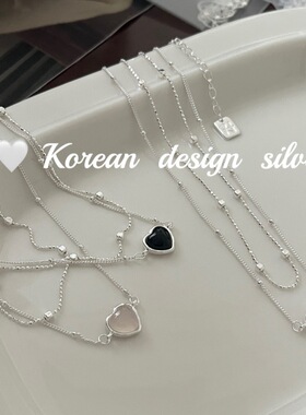 韩国小众设计ins风 S925纯银双层月光石白玉髓黑玛瑙爱心珠珠项链