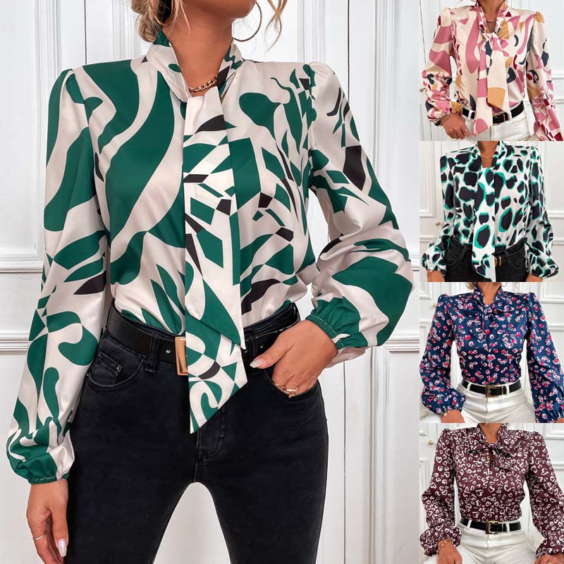 2022Spring Amazon Independent Station Burst Model Europe Shirt Women Lantern Sleeve Printing Lace Shirt  2022春装亚马逊独立站爆款欧美衬衣女装灯笼袖印花系带衬衫 2022Spring Amazon Independent Station Burst Model Europe Shirt Women Lantern Sleeve Printing Lace Shirt 